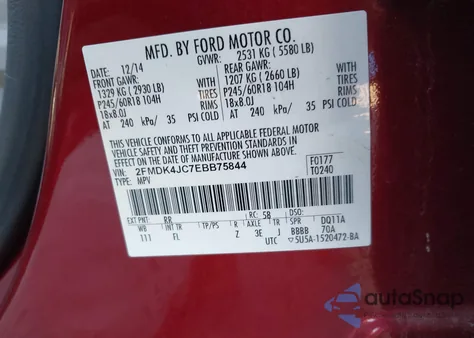 2014 Ford Edge Sel z USA, uszkodzony, nr VIN 2FMDK4JC7EBB75844